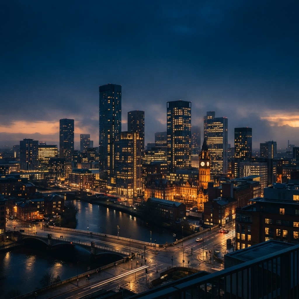 The Manchester skyline at blue hour